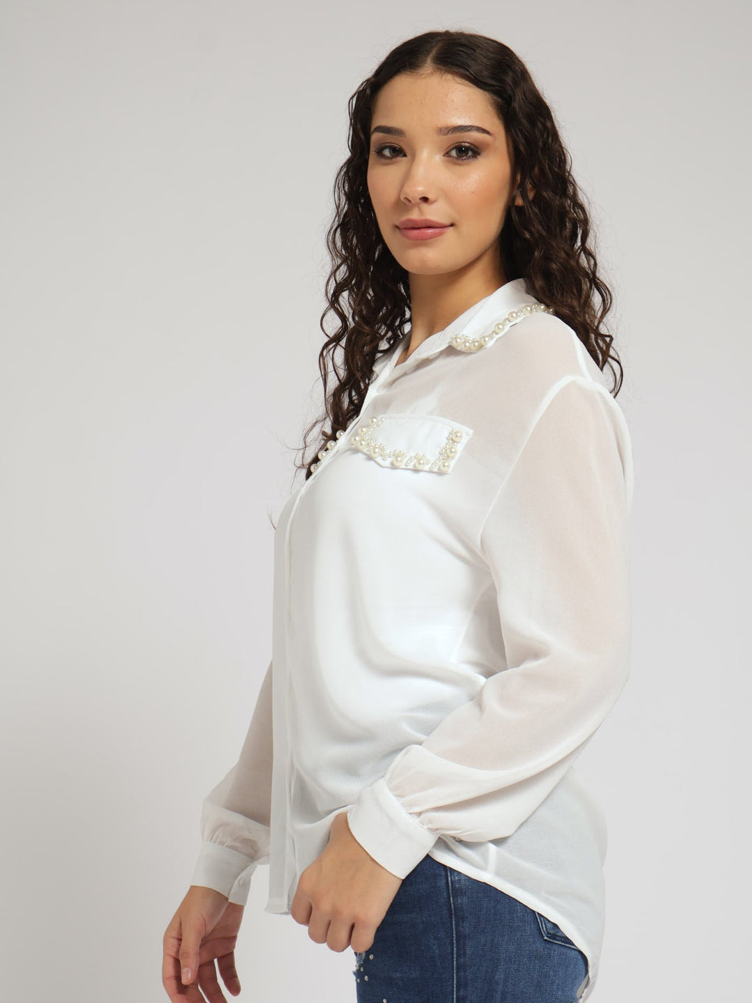 Long Sleeve Shirt With Pearl Detail - Cream