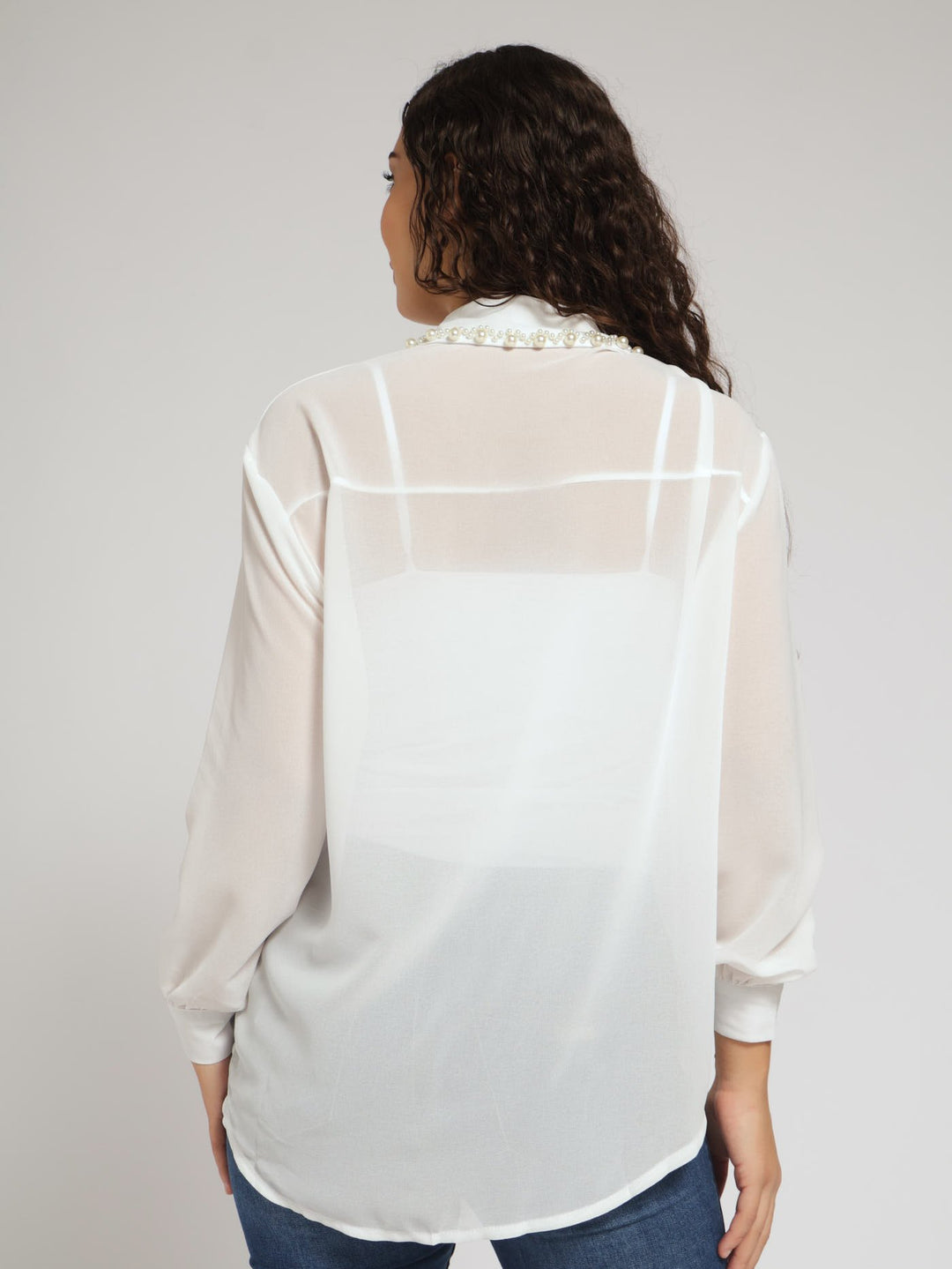 Long Sleeve Shirt With Pearl Detail - Cream