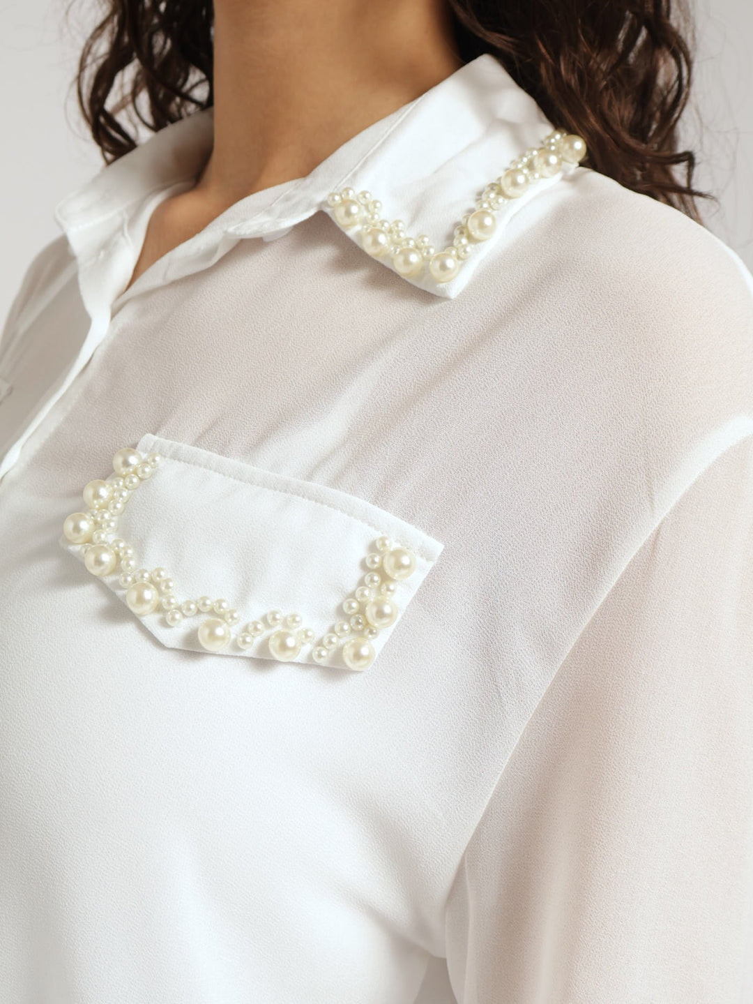 Long Sleeve Shirt With Pearl Detail - Cream