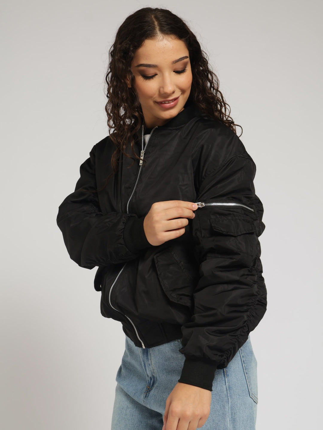 Oversized Puffer Bomber Jacket - Black