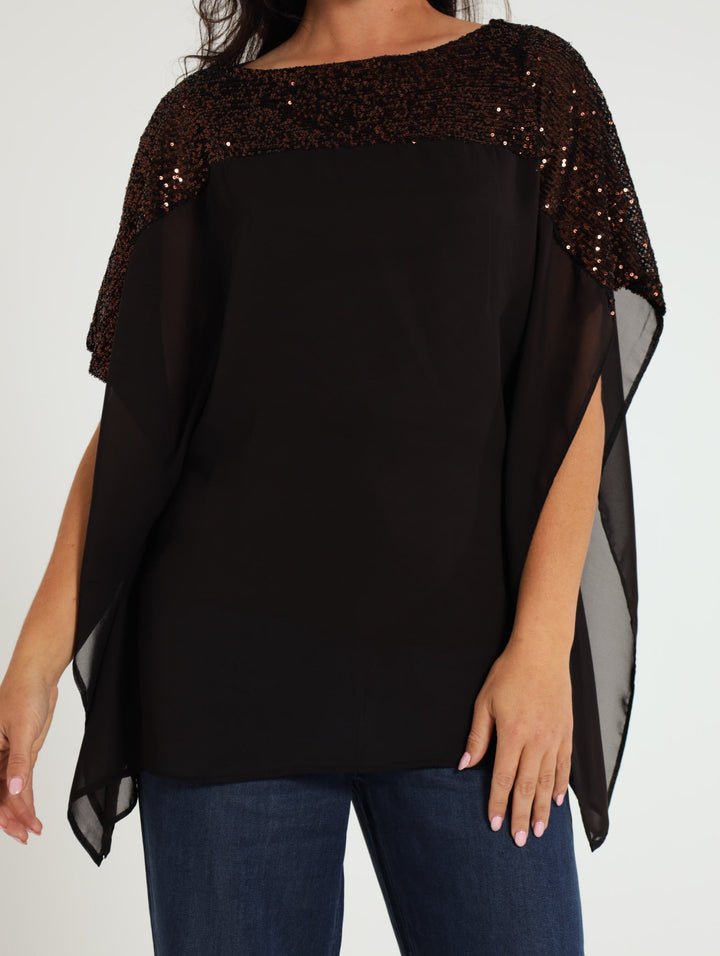 Sequin Inset Cold Shoulder Top - Black