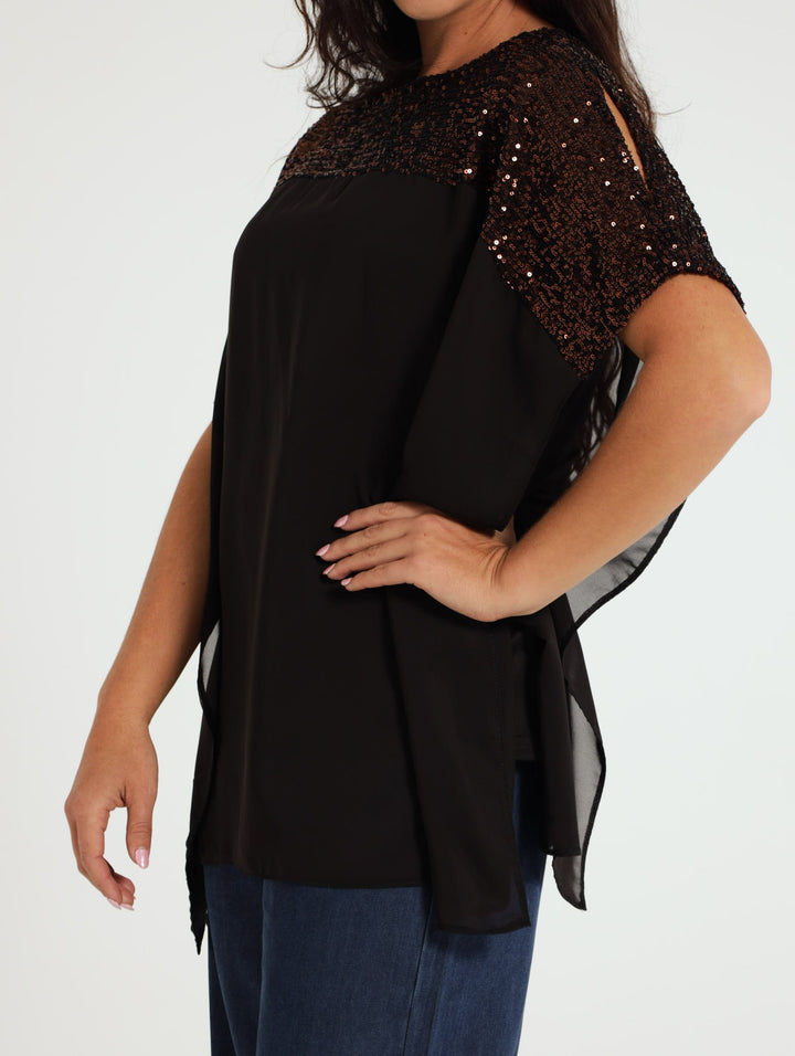Sequin Inset Cold Shoulder Top - Black