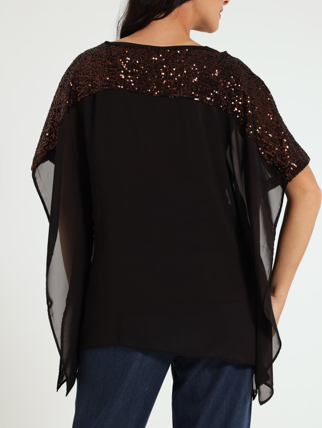 Sequin Inset Cold Shoulder Top - Black