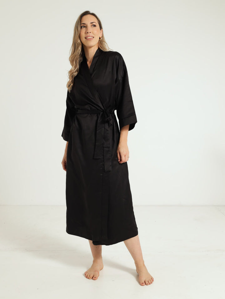 Longer Length Satin Gown & Chemise - Black