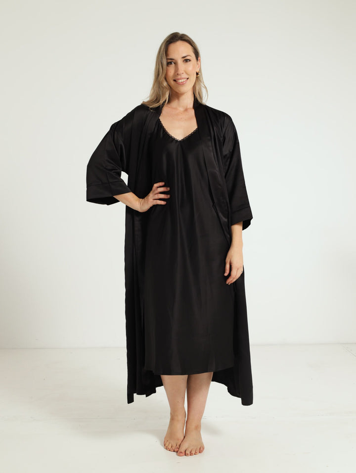 Longer Length Satin Gown & Chemise - Black