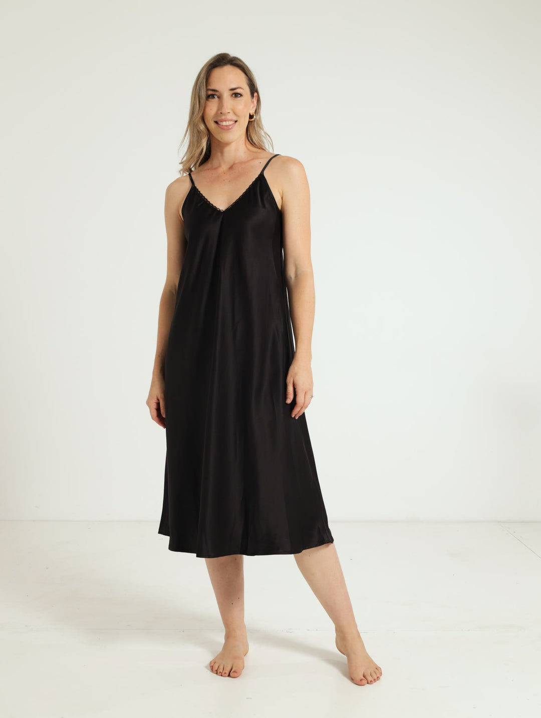 Longer Length Satin Gown & Chemise - Black