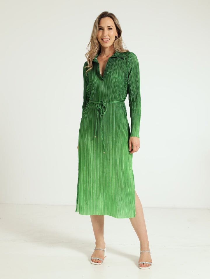 Long Sleeve Belted Plisse Ombre Midi Dress - Green