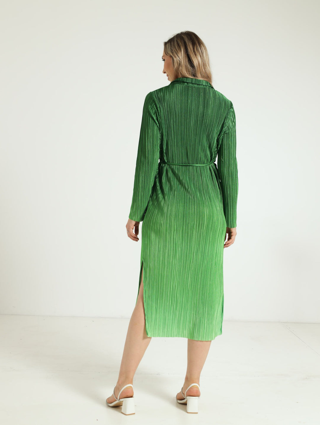 Long Sleeve Belted Plisse Ombre Midi Dress - Green