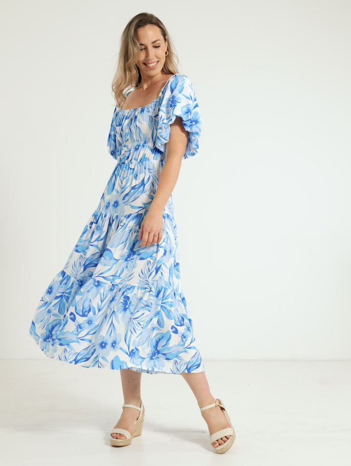 Bubble Sleeve Tiered Midi Dress White/Blue Edgars