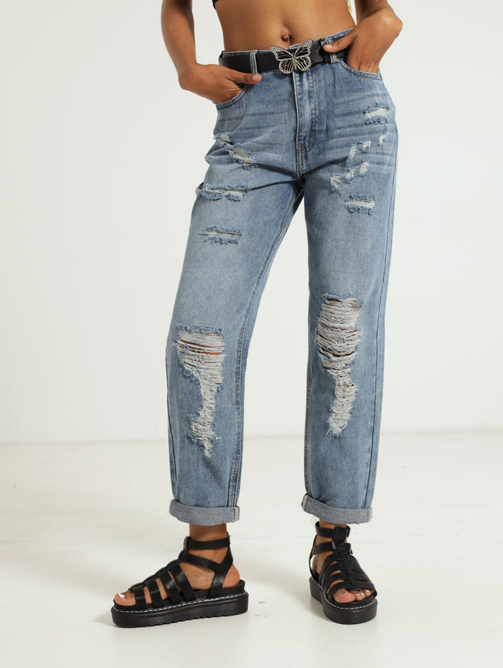 Abraised Belted Mom Jean - Salty Dark Wash