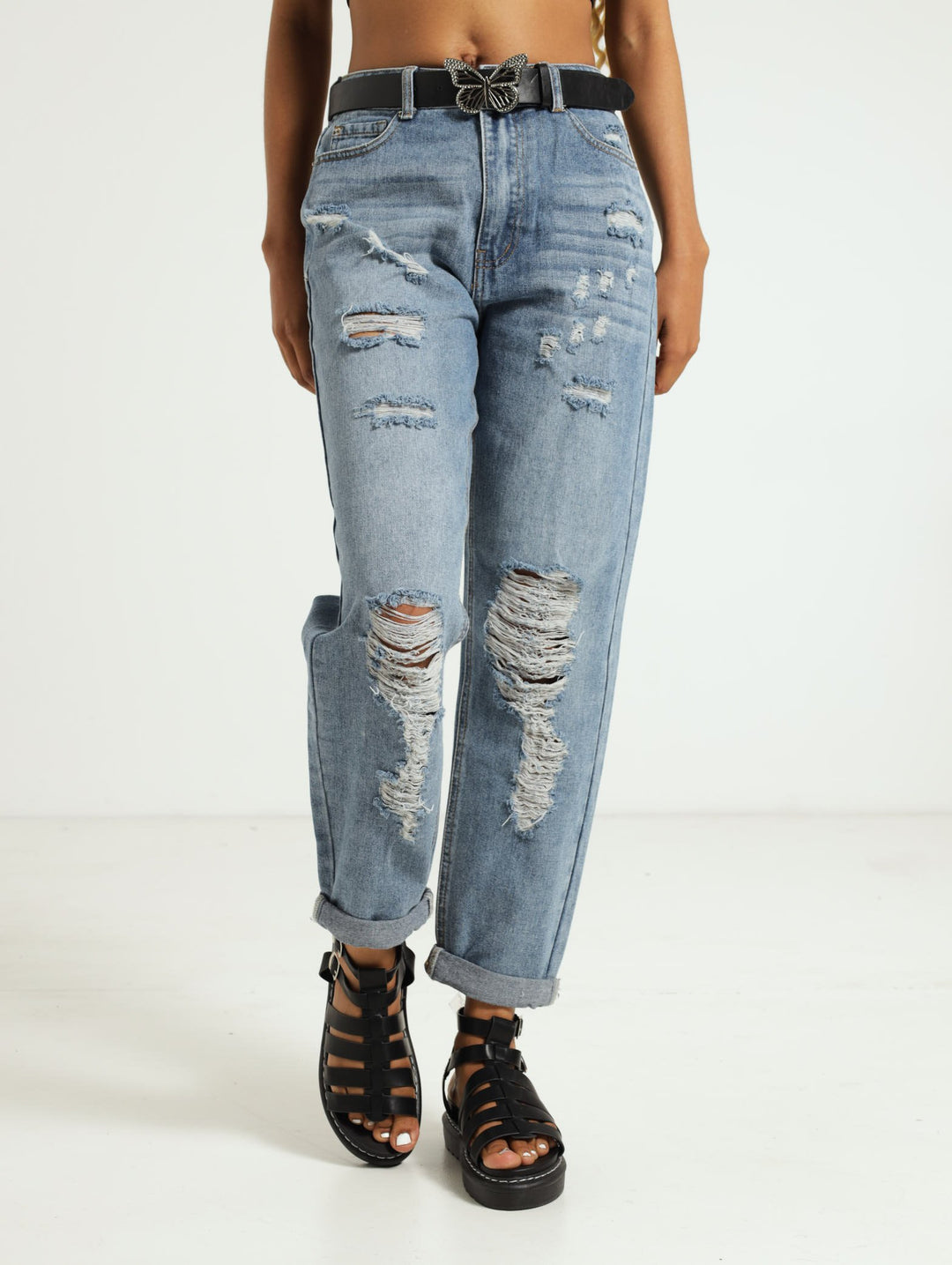 Abraised Belted Mom Jean - Salty Dark Wash