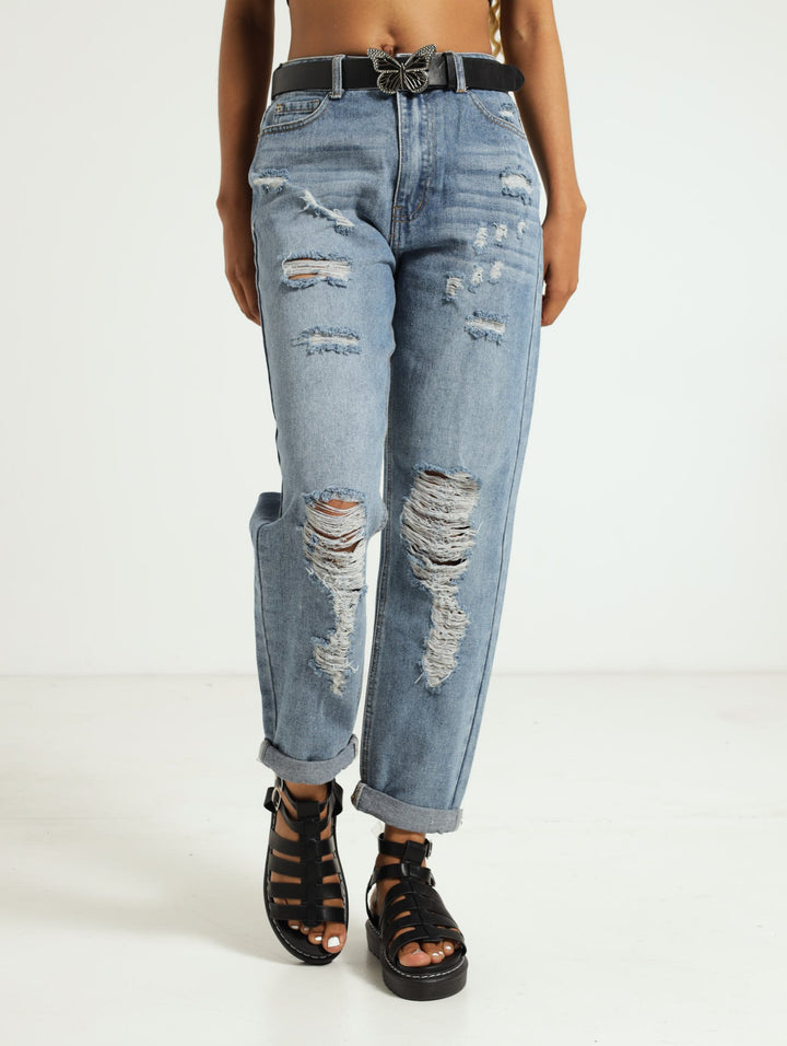 Abraised Belted Mom Jean - Salty Dark Wash