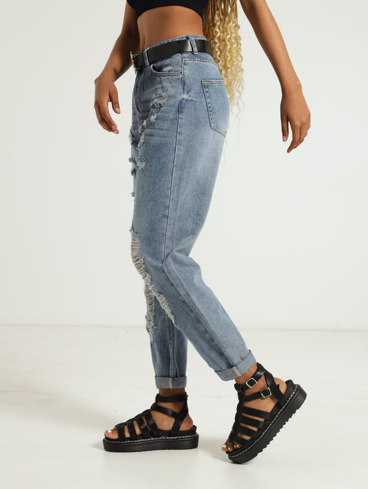 Abraised Belted Mom Jean - Salty Dark Wash