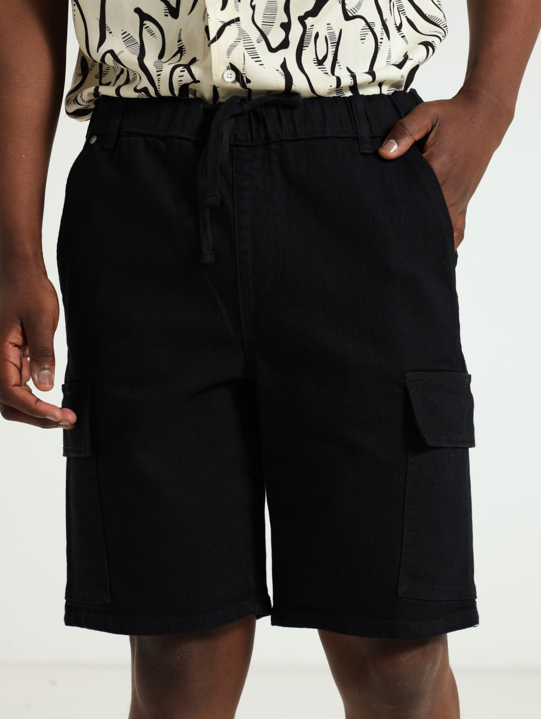 Cargo Denim Pull On Shorts - Black