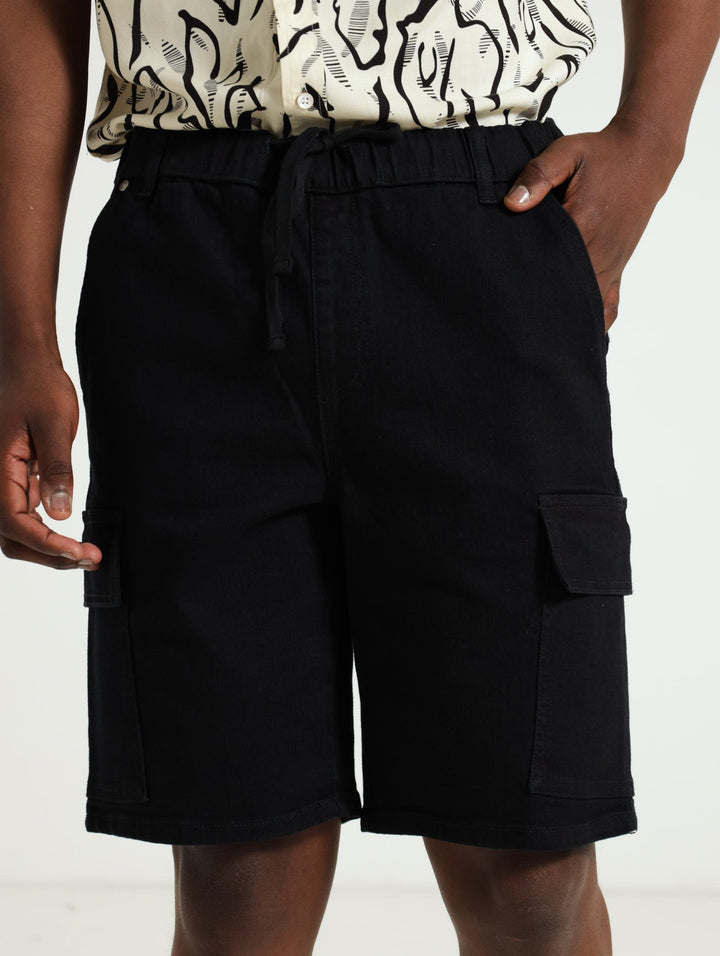 Cargo Denim Pull On Shorts - Black