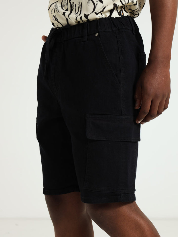Cargo Denim Pull On Shorts - Black