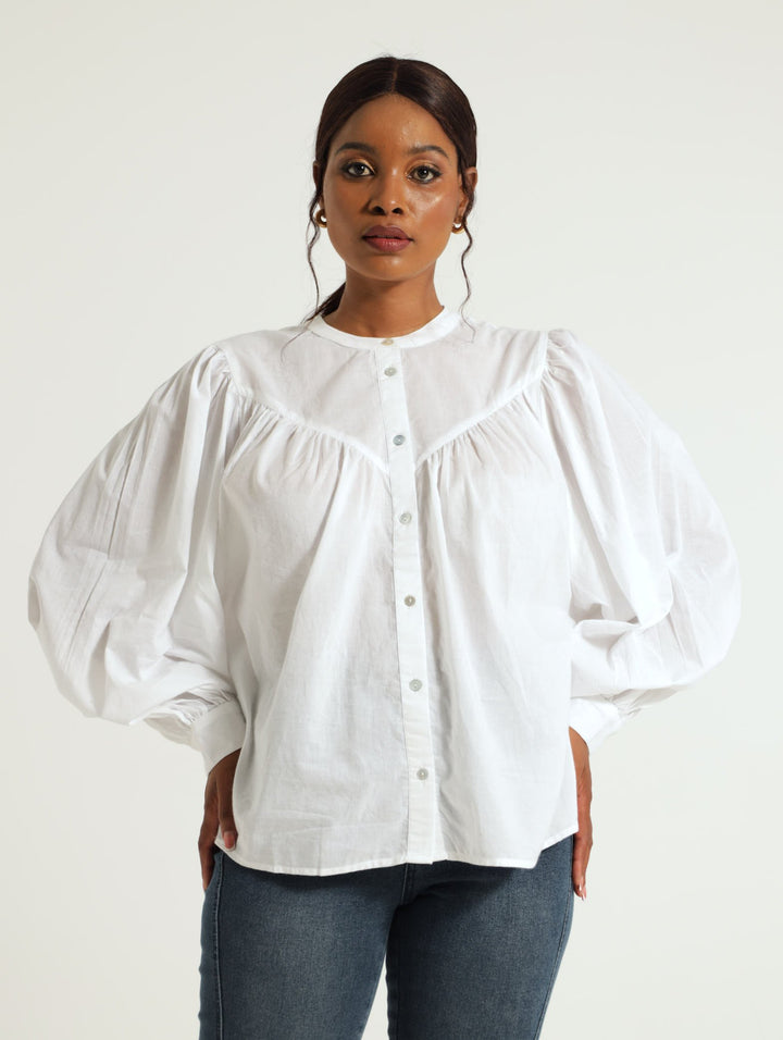 Long Sleeve Boho Button Through Blouse - White