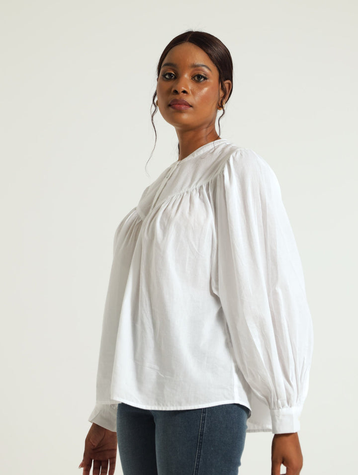 Long Sleeve Boho Button Through Blouse - White
