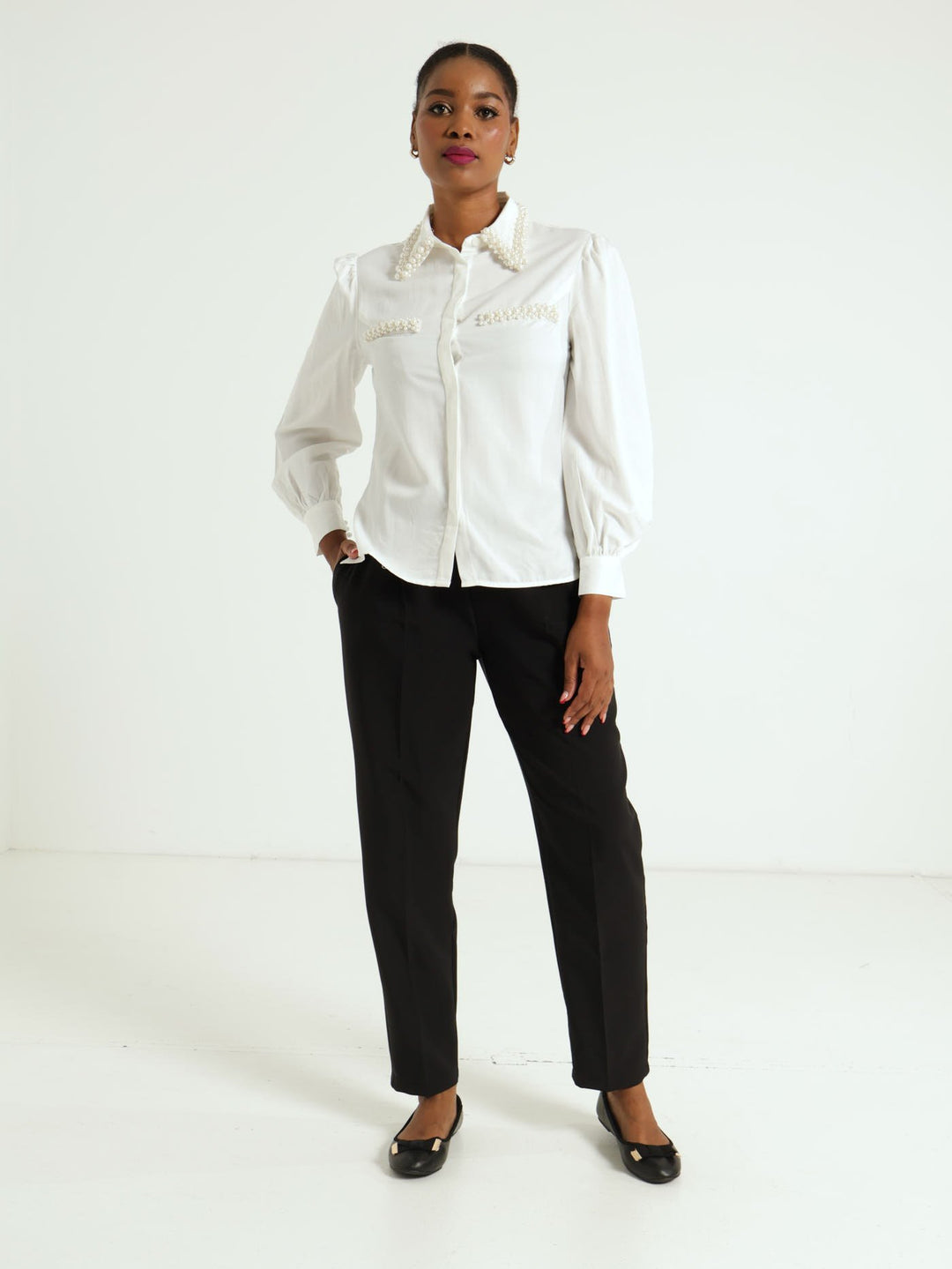 Long Sleeve Satin Peral Detail Shirt - Cream