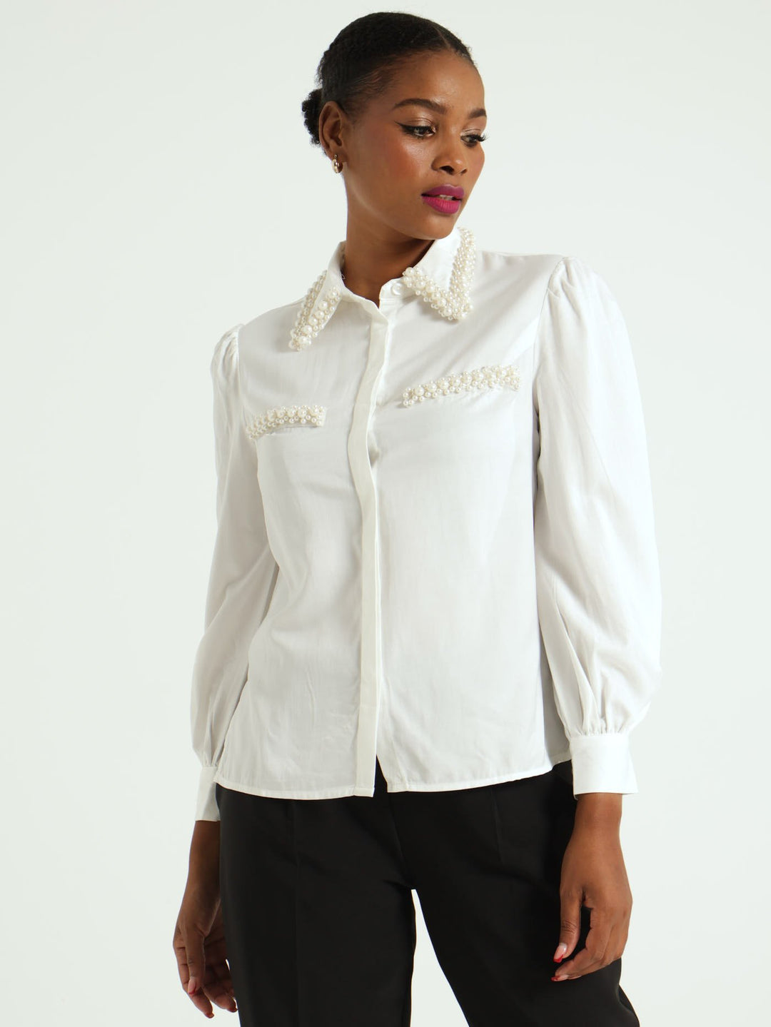 Long Sleeve Satin Peral Detail Shirt - Cream