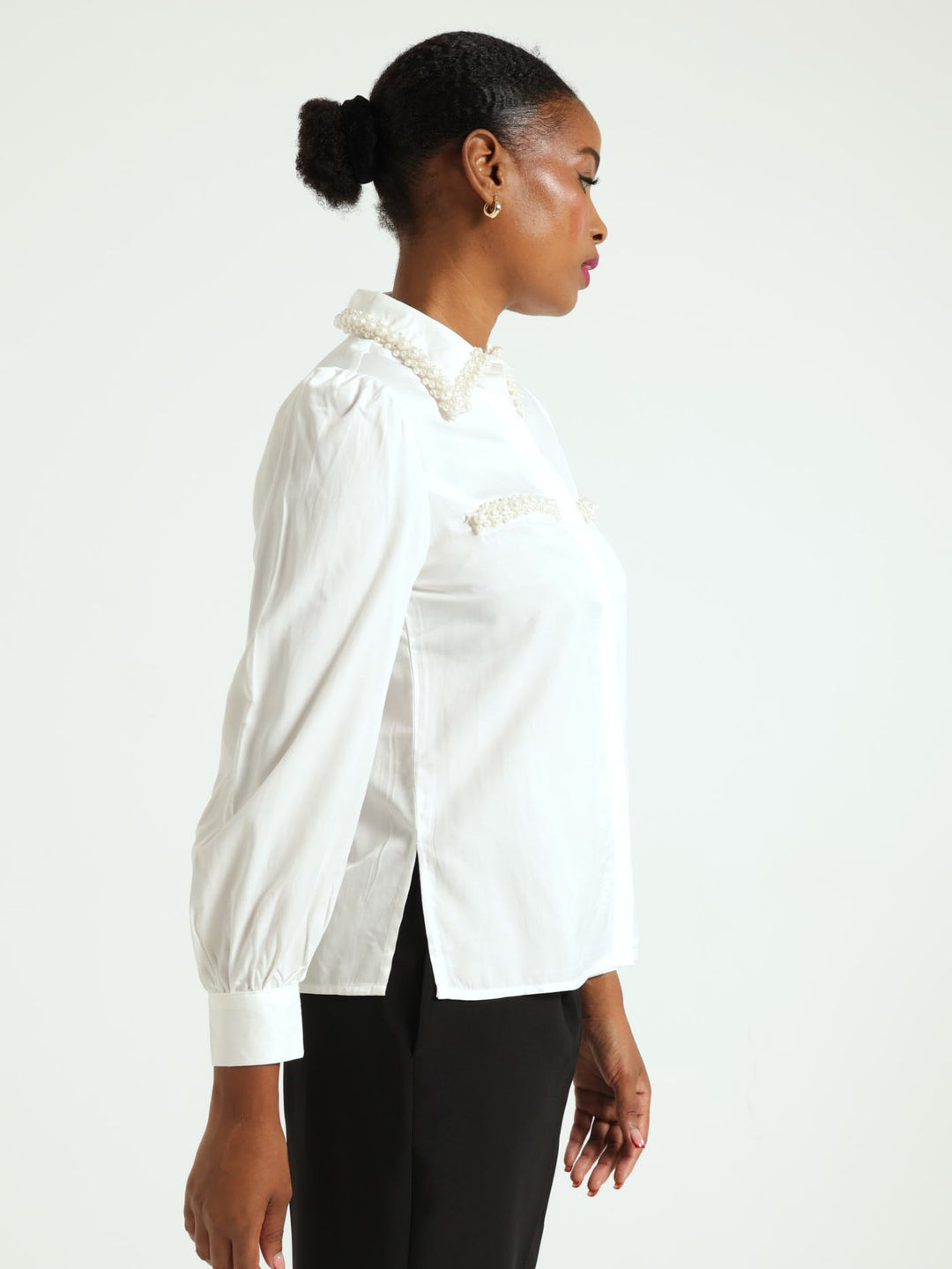 Long Sleeve Satin Peral Detail Shirt - Cream