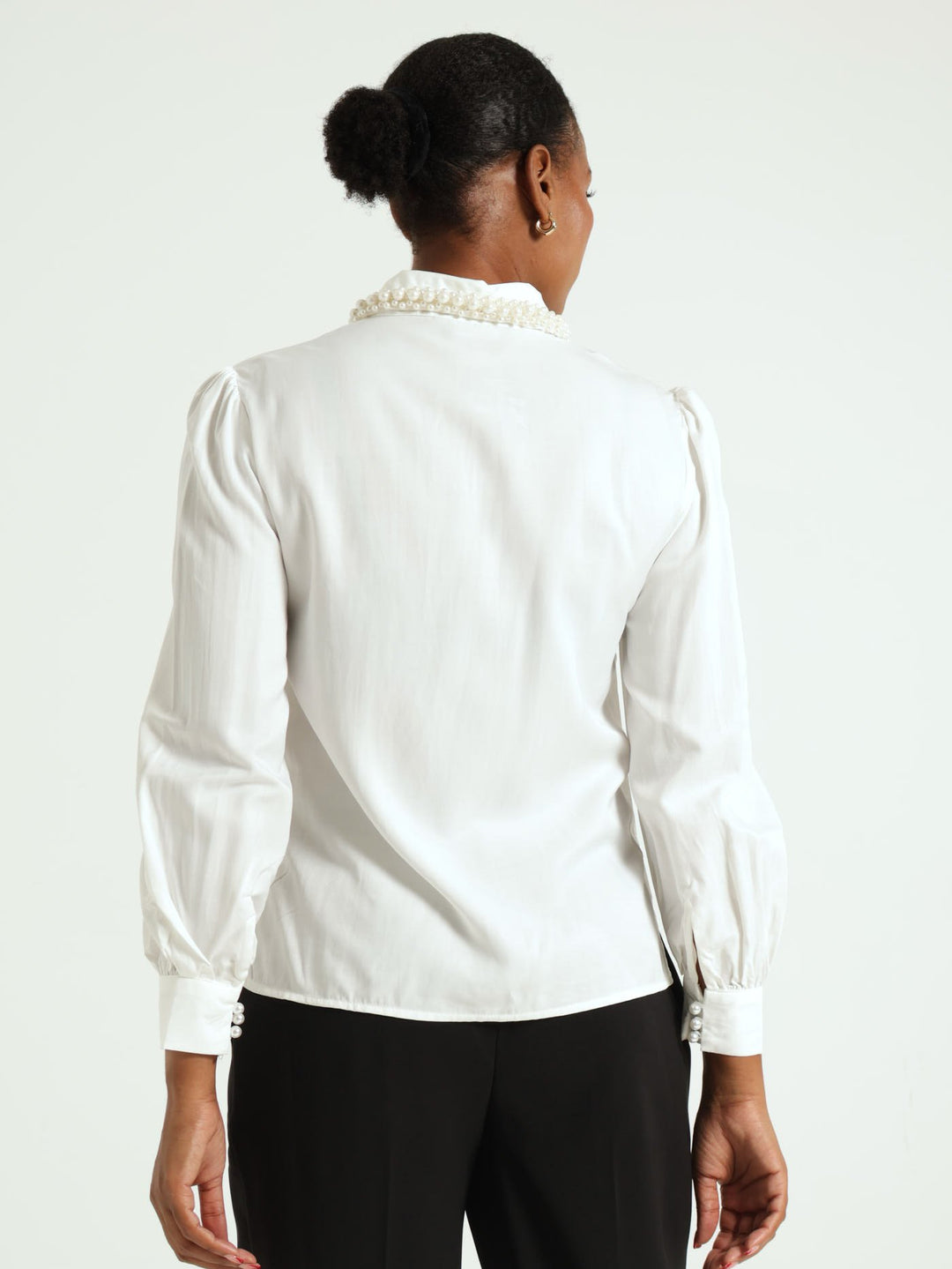 Long Sleeve Satin Peral Detail Shirt - Cream