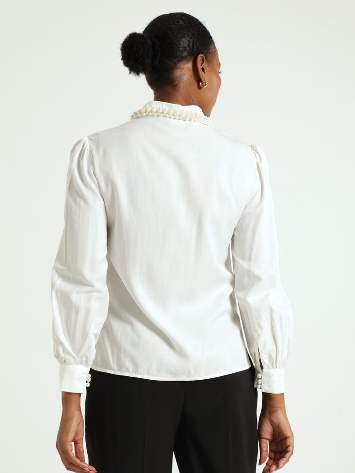 Long Sleeve Satin Peral Detail Shirt - Cream