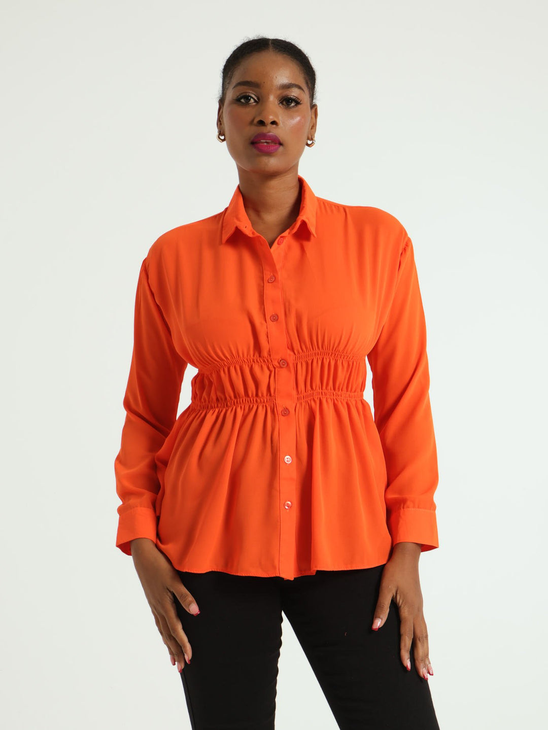 Long Sleeve Button Through Shirred Shirt - Orange