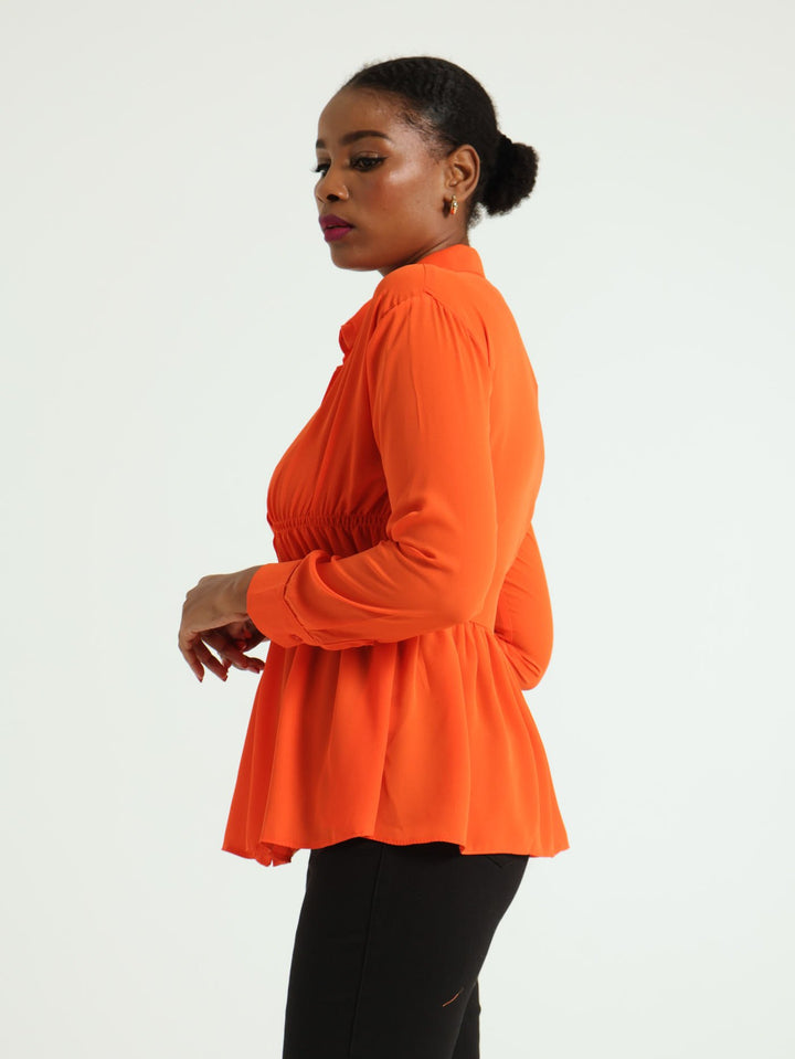 Long Sleeve Button Through Shirred Shirt - Orange
