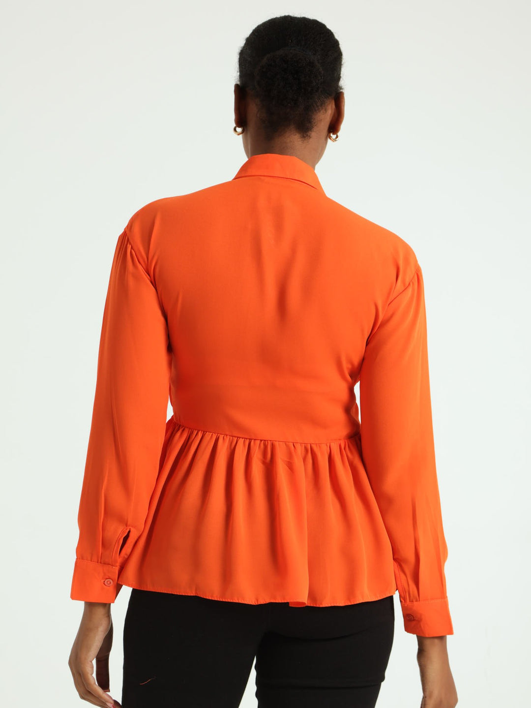 Long Sleeve Button Through Shirred Shirt - Orange
