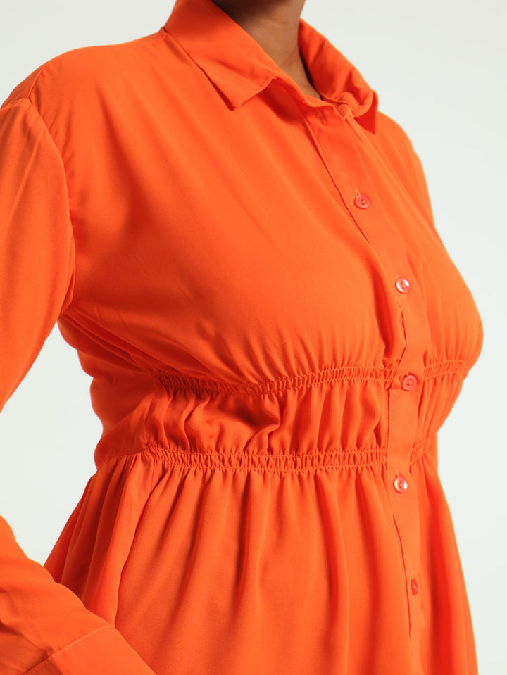 Long Sleeve Button Through Shirred Shirt - Orange