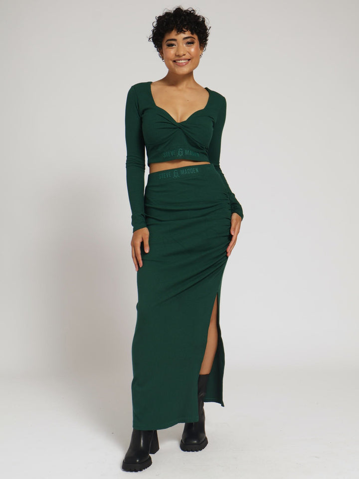 Layla High Waisted Rib Bodycon Midi Skirt - Green