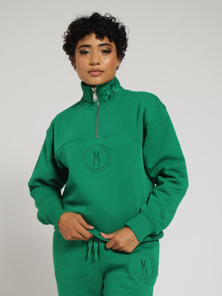 Maxine Collared Fleece Sweat Top With 1/4 Zip - Green