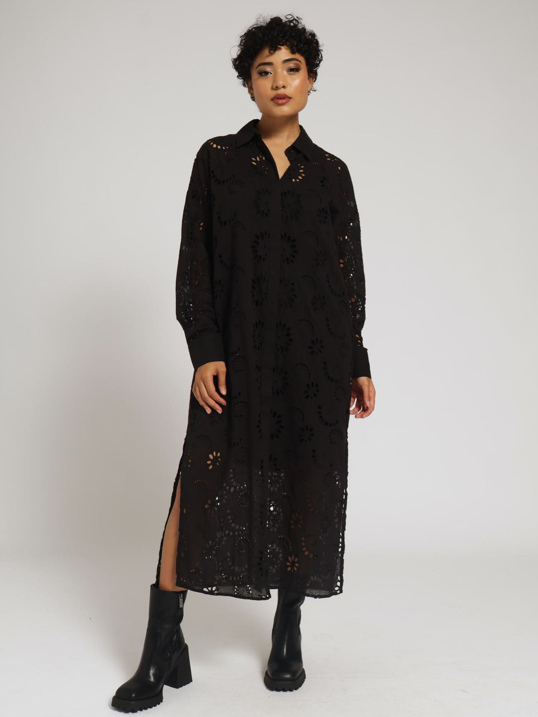 Long Sleeve Maxi Anglaise Shirt Dress - Jet Black