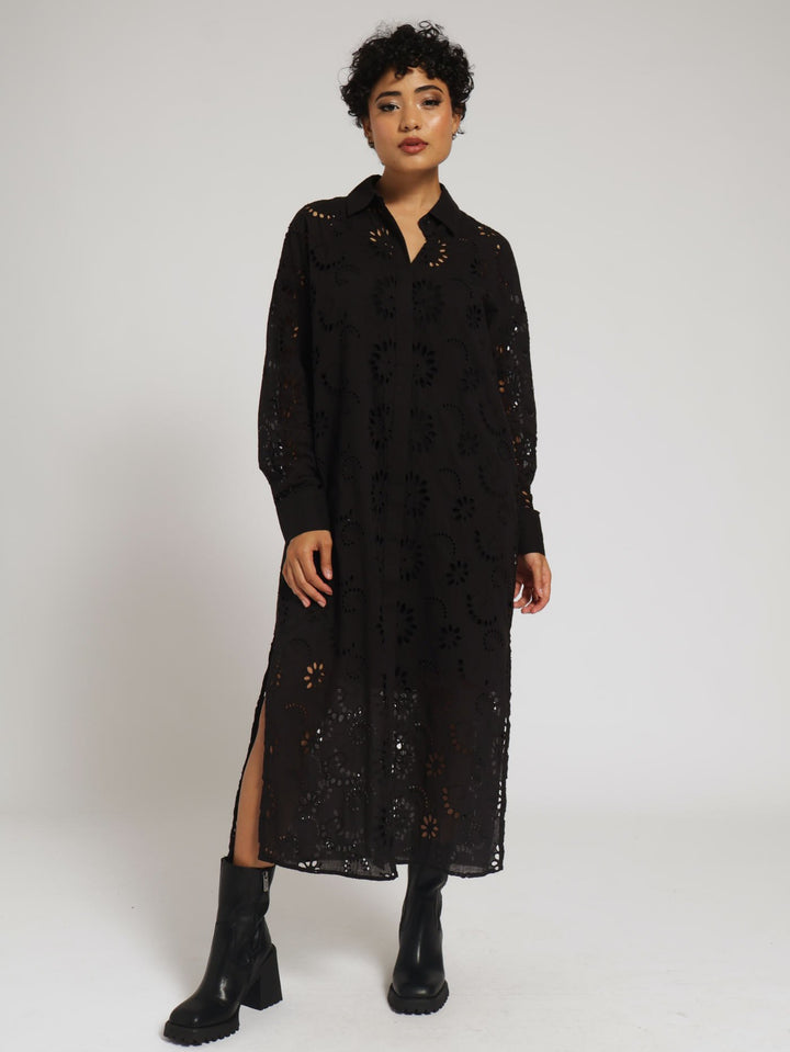 Long Sleeve Maxi Anglaise Shirt Dress - Jet Black