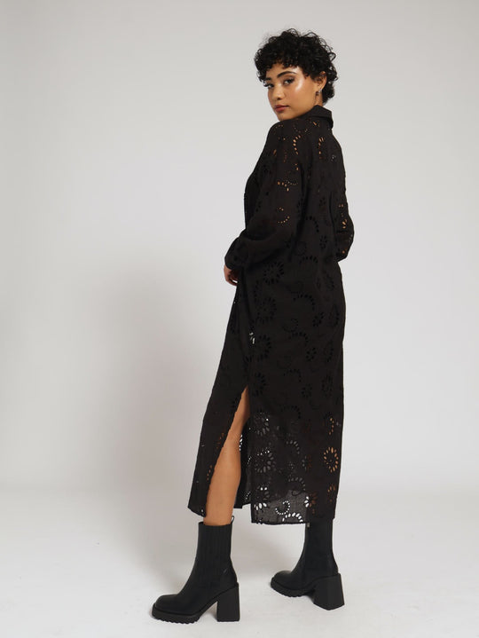 Ladies Long Sleeve Maxi Anglaise Shirt Dress - Jet Black – Edgars