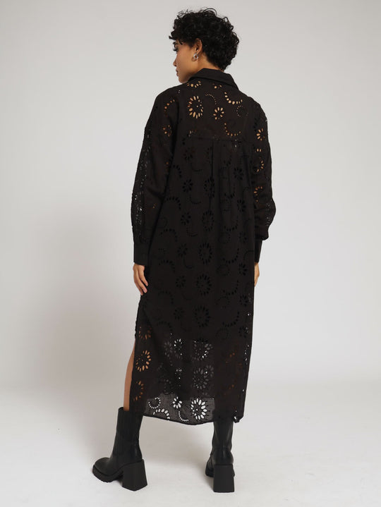 Ladies Long Sleeve Maxi Anglaise Shirt Dress - Jet Black – Edgars