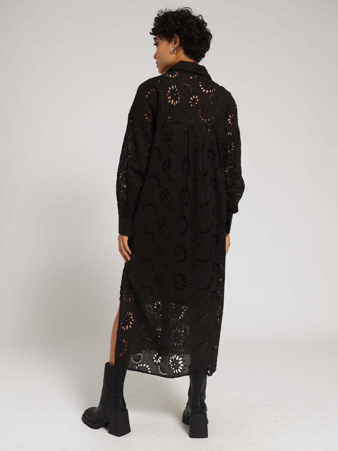 Long Sleeve Maxi Anglaise Shirt Dress - Jet Black