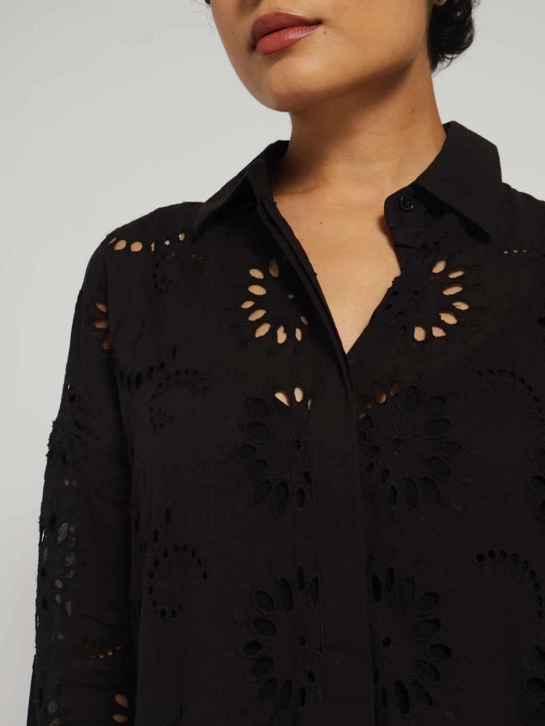 Long Sleeve Maxi Anglaise Shirt Dress - Jet Black