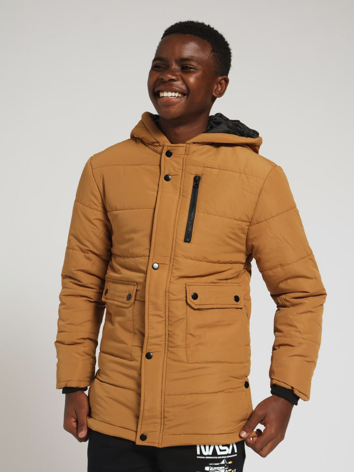Boys Long Puffer Jacket - Mustard