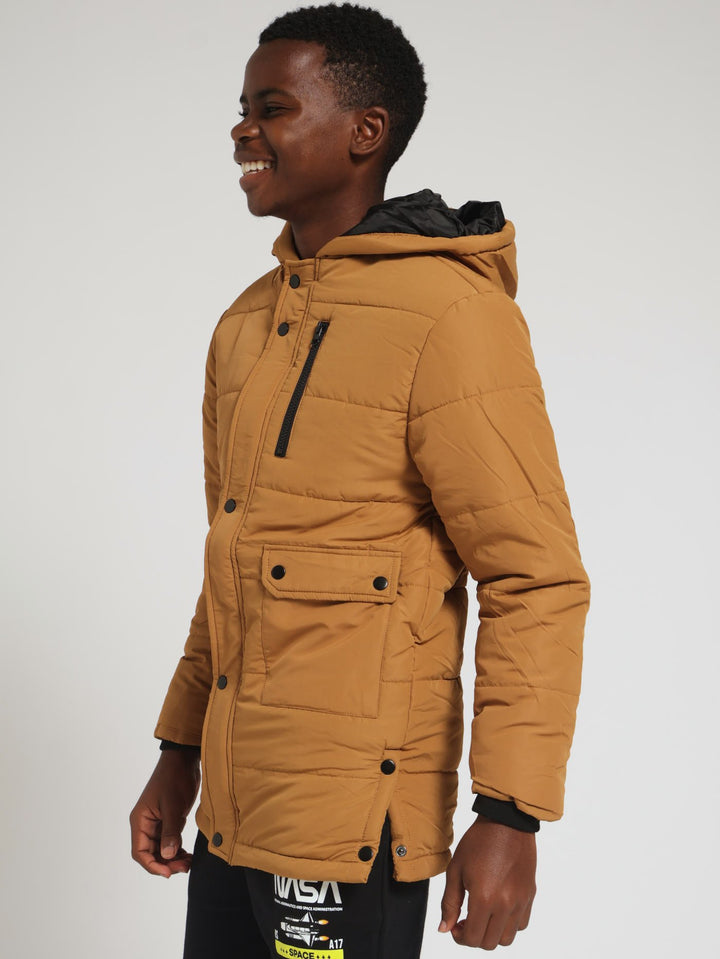 Boys Long Puffer Jacket - Mustard