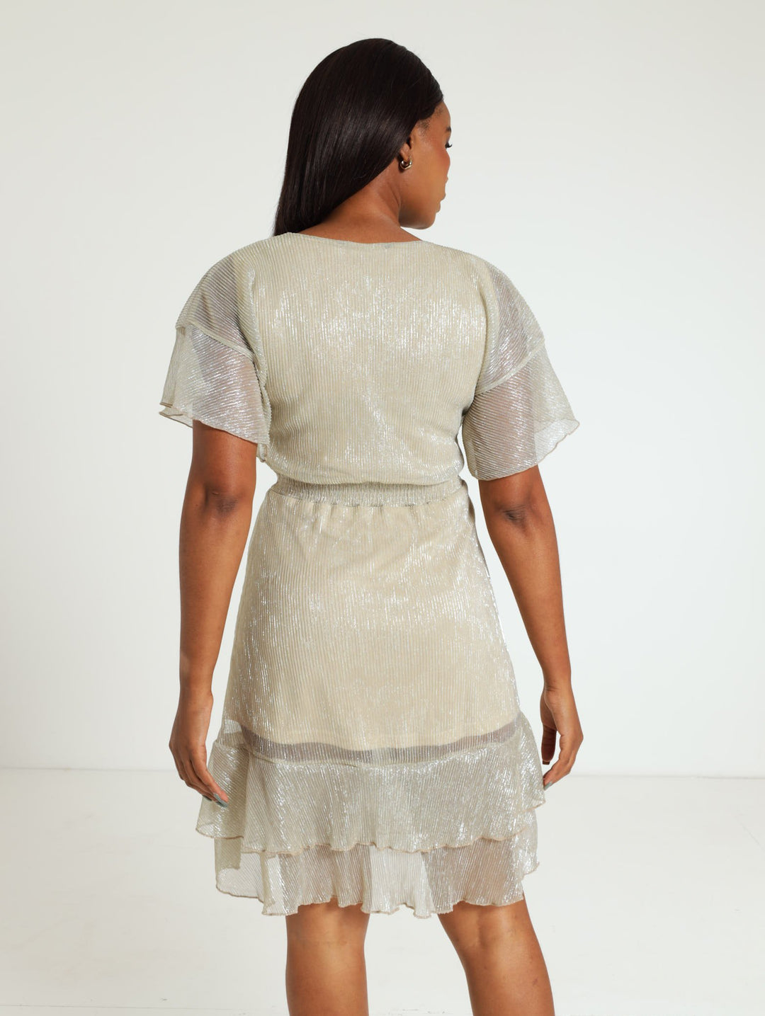 Metallic Wrap Dress With Waist Shirring - Gold