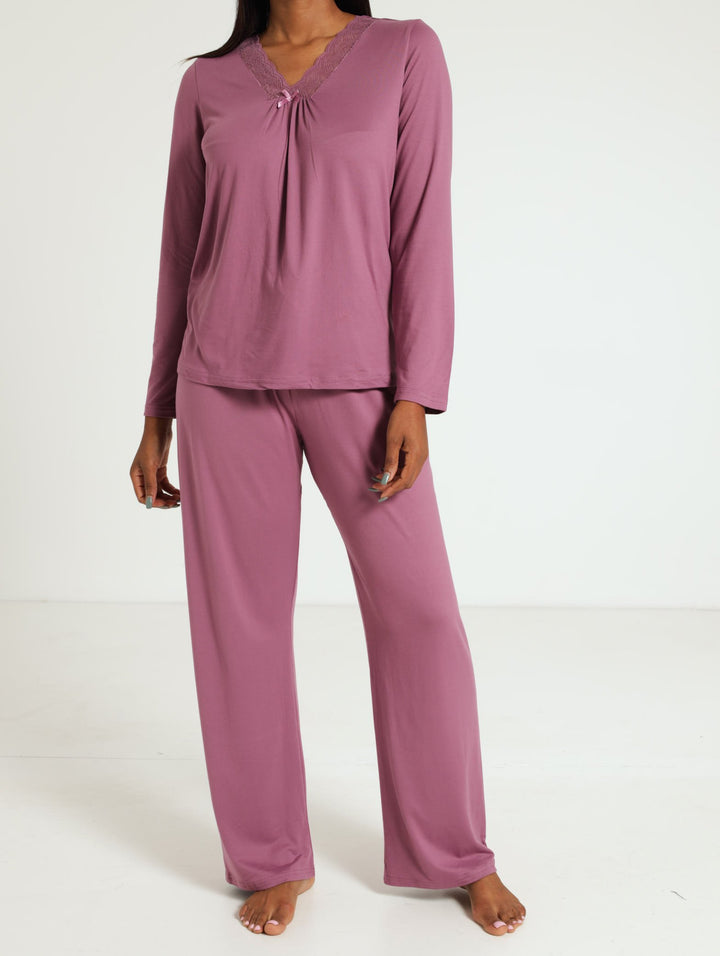 Jacqui Ditsy Sleepset With Lace Trim Detail - Plum