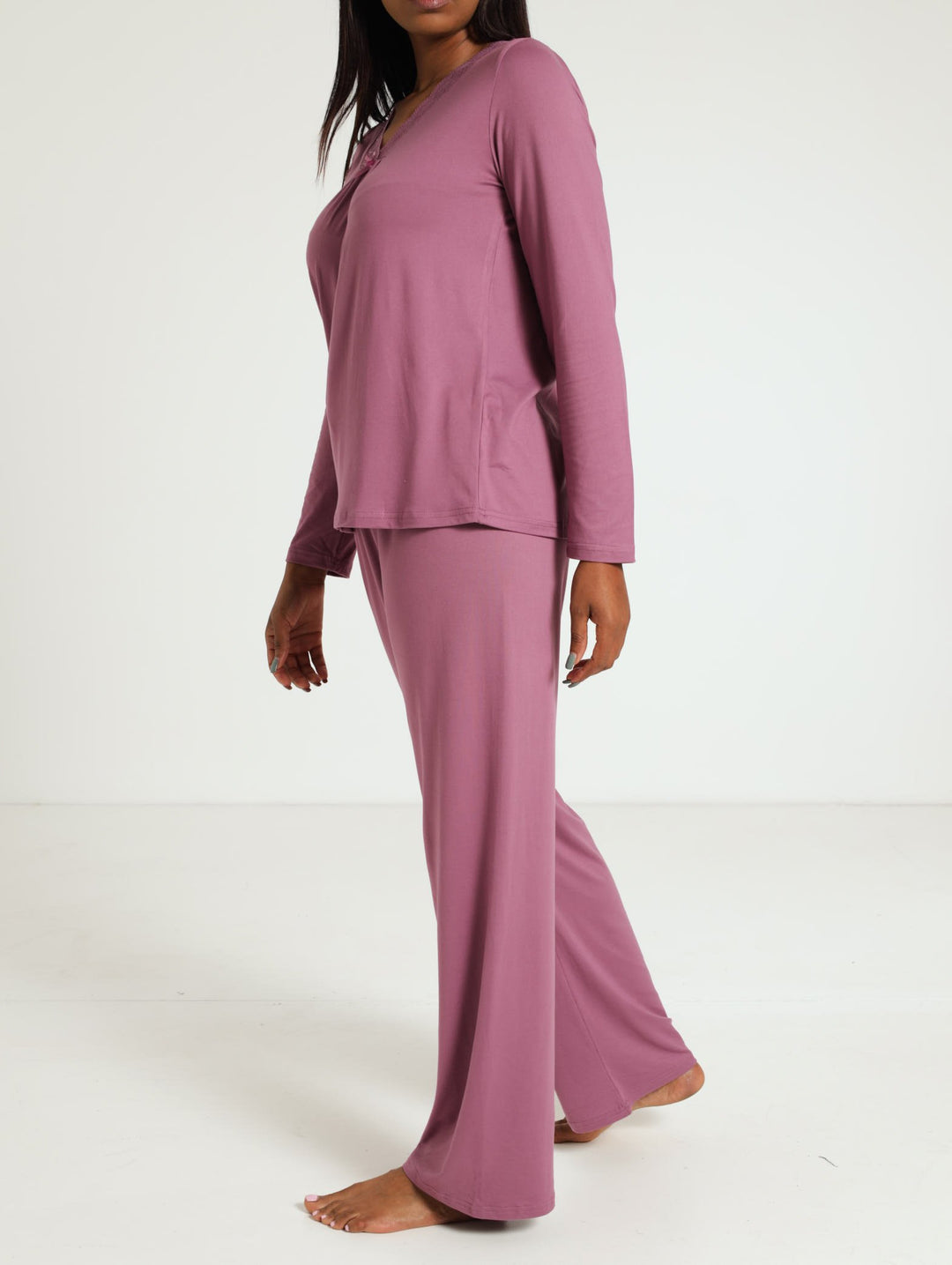 Jacqui Ditsy Sleepset With Lace Trim Detail - Plum