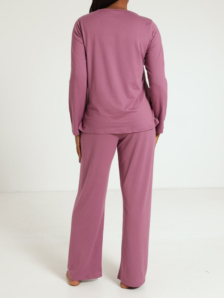 Jacqui Ditsy Sleepset With Lace Trim Detail - Plum