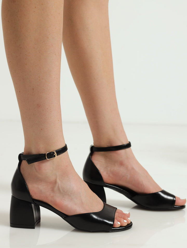 Closed Back Ankle Strap Low Block Heel - Black