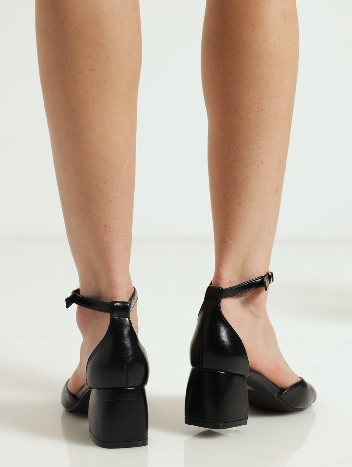 Closed Back Ankle Strap Low Block Heel - Black