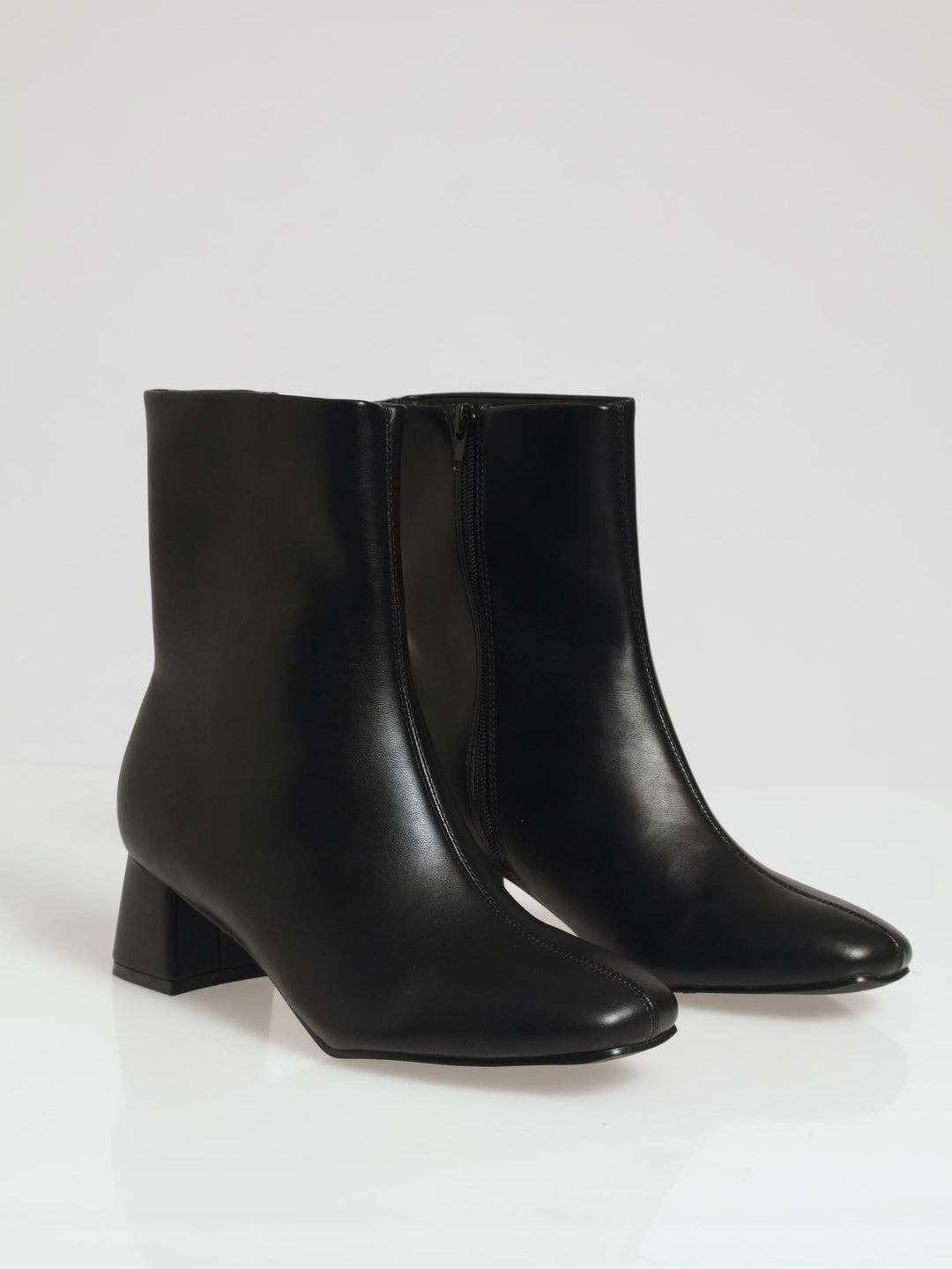 Plain Square Toe Low Shaped Heel Boot - Black