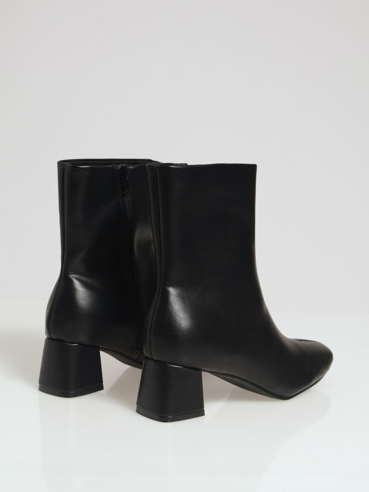 Plain Square Toe Low Shaped Heel Boot - Black