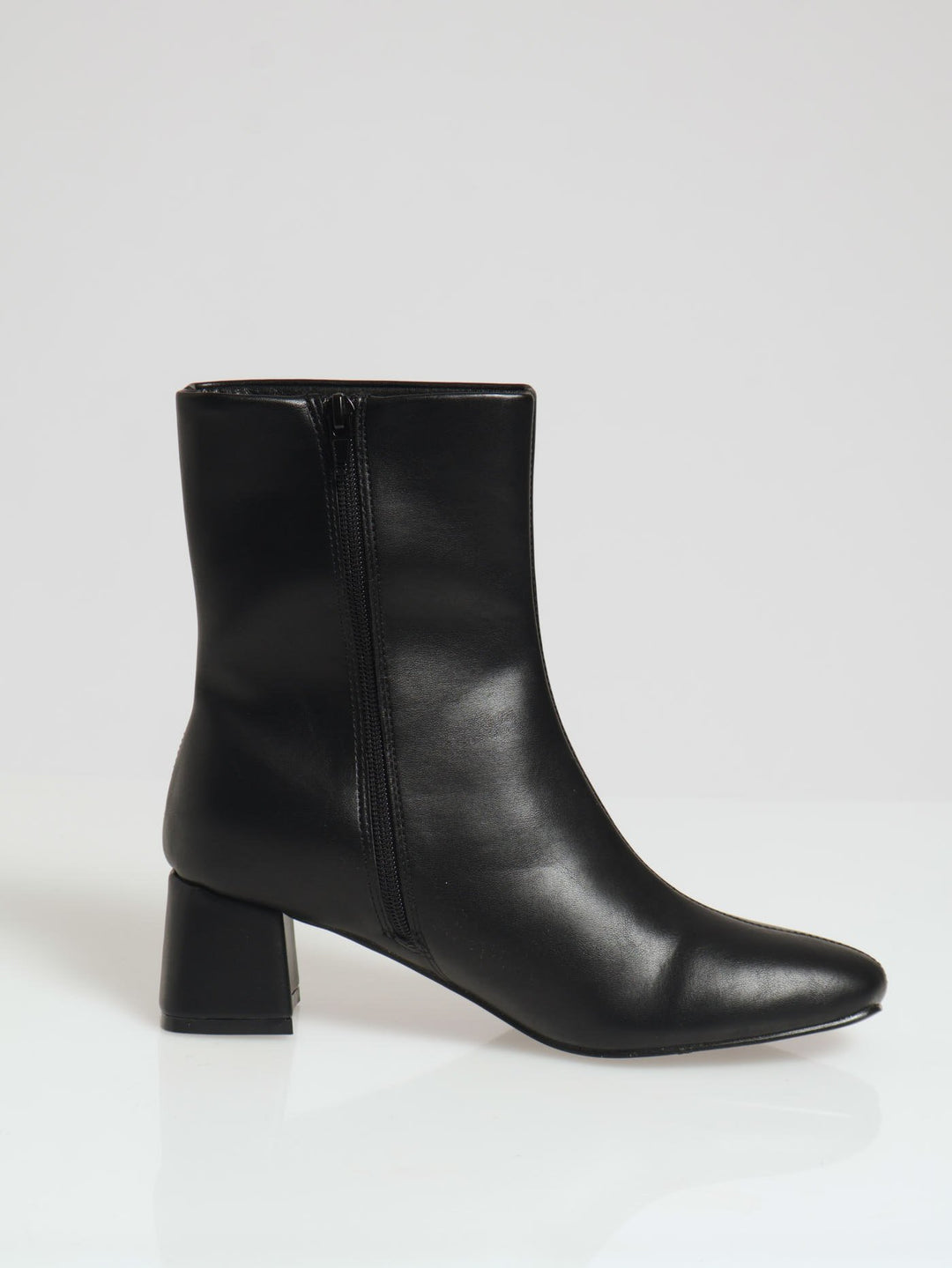 Plain Square Toe Low Shaped Heel Boot - Black